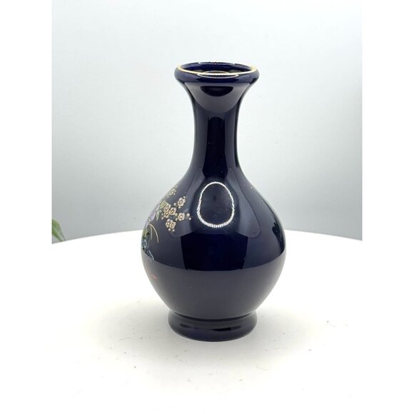 Kutani Blue Ceramic Vase With Hand-Painted Floral Design & Gold Rim - Picture 4 of 7